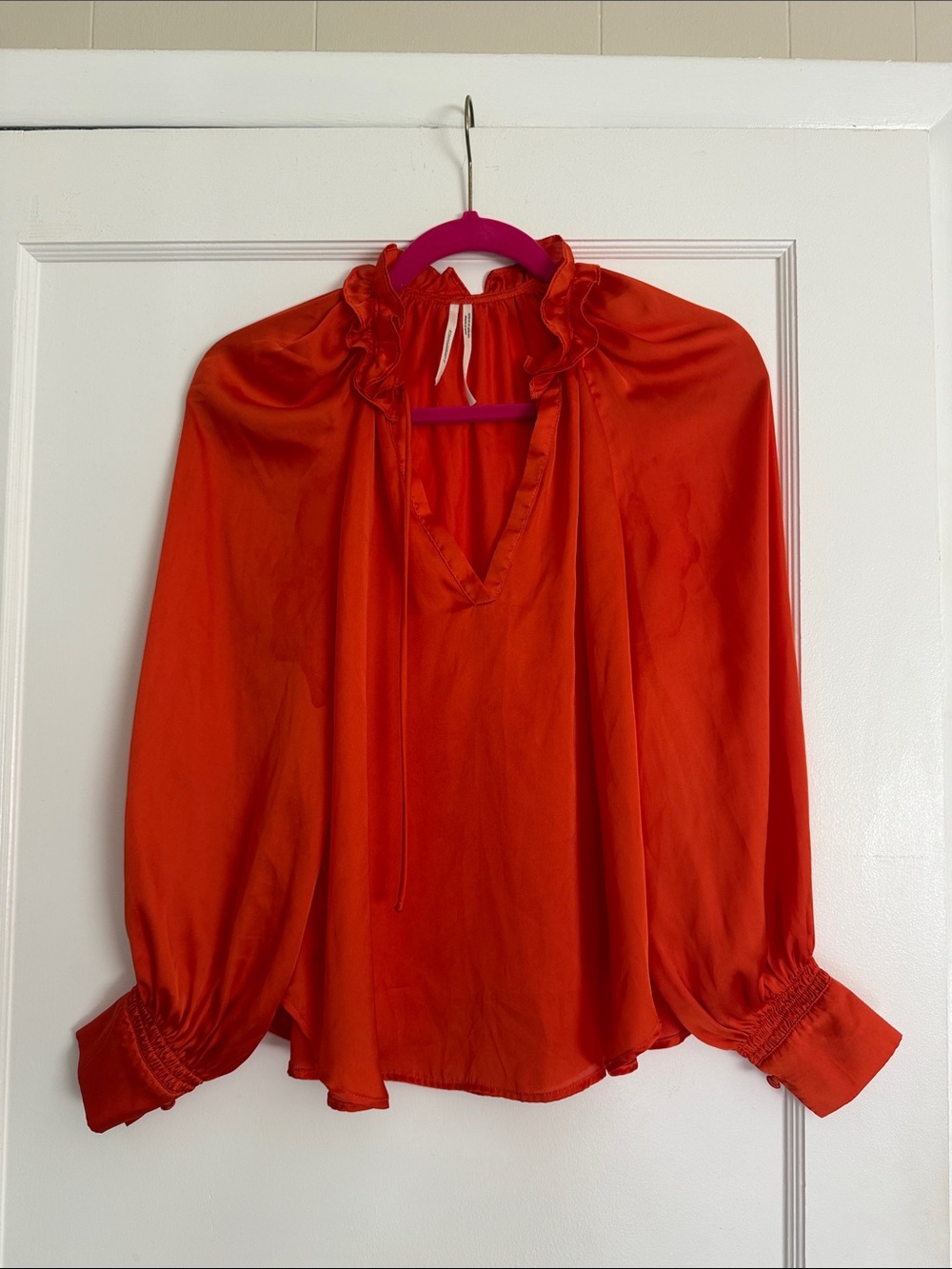 Anthropologie Vibrant Red Ruffle-Neck Long Sleeve Blouse